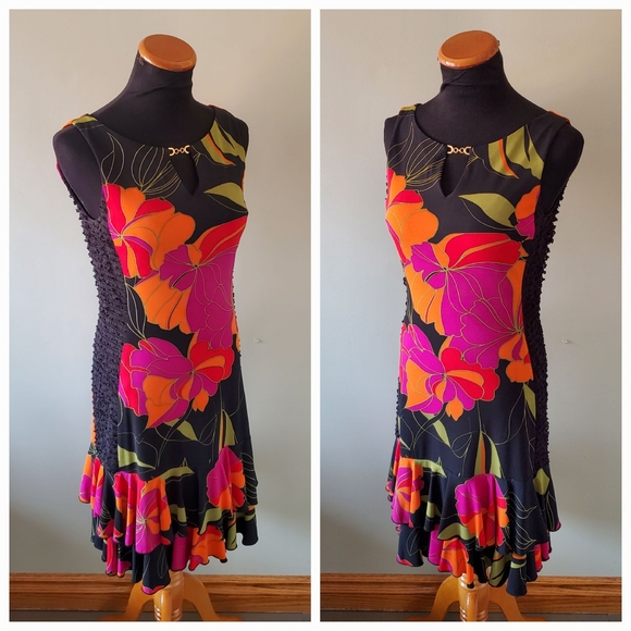 Joseph Ribkoff 6 Tropical Resortwear Vacation Silky Knit Flounce Hem Midi Dress - Picture 2 of 12
